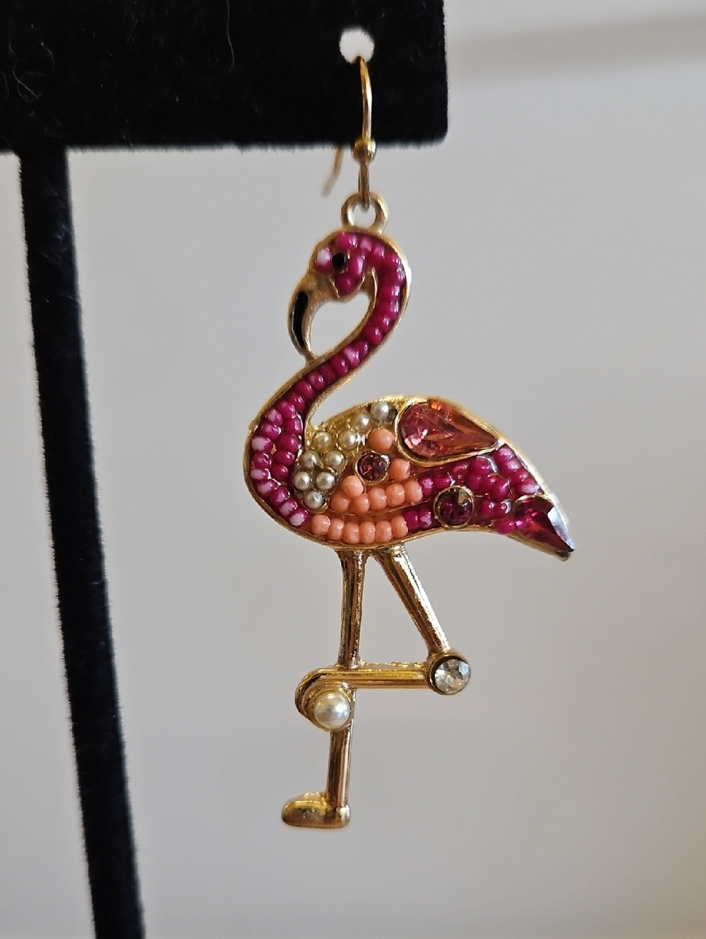 Pink Flamingo Drop Earrings with Rhinestone and Faux Pearl Accents - Picture 3 of 5